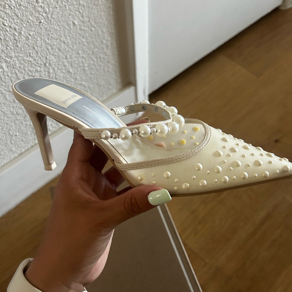 Dolce Vita Cream Stiletto Heels with Studded T-Strap - Picture 5 of 6